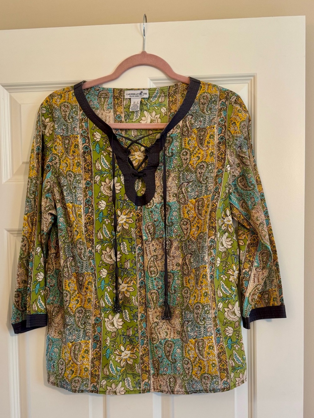 Caribbean Joe Green Paisley Floral Lace-Up Blouse L 100% Cotton